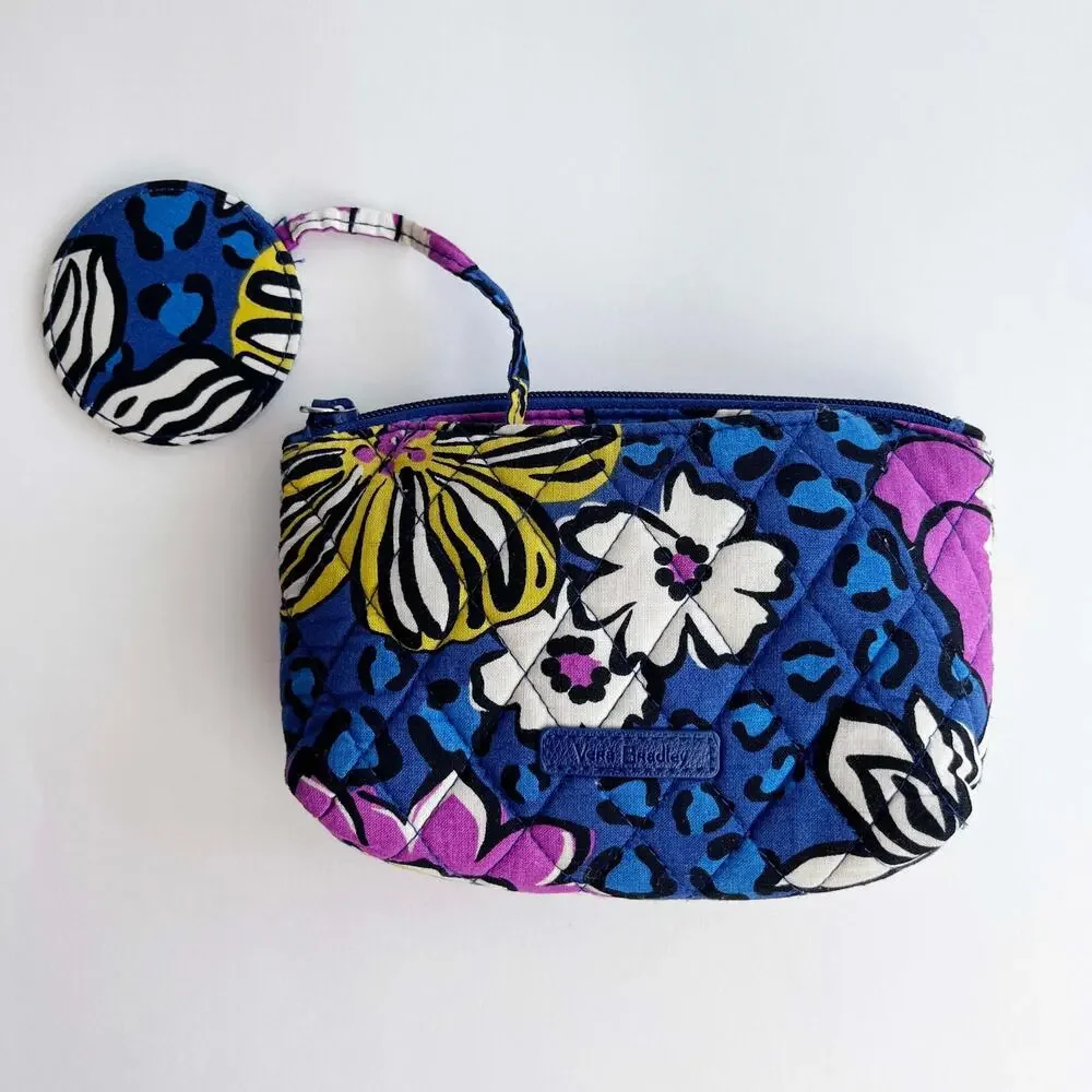 Vera Bradley Compact Travel Cosmetic Bag with Small Mirror Blue Floral Quilted